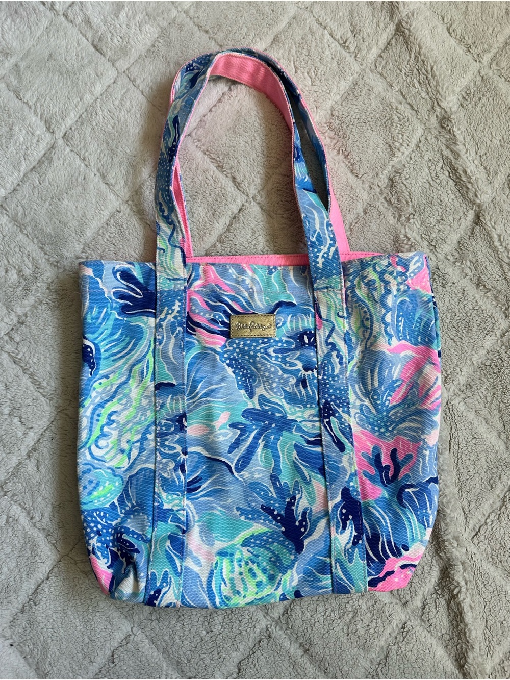 Lilly Pulitzer | Blue and Pink Canvas Tote Bag with Colorful Floral Print
